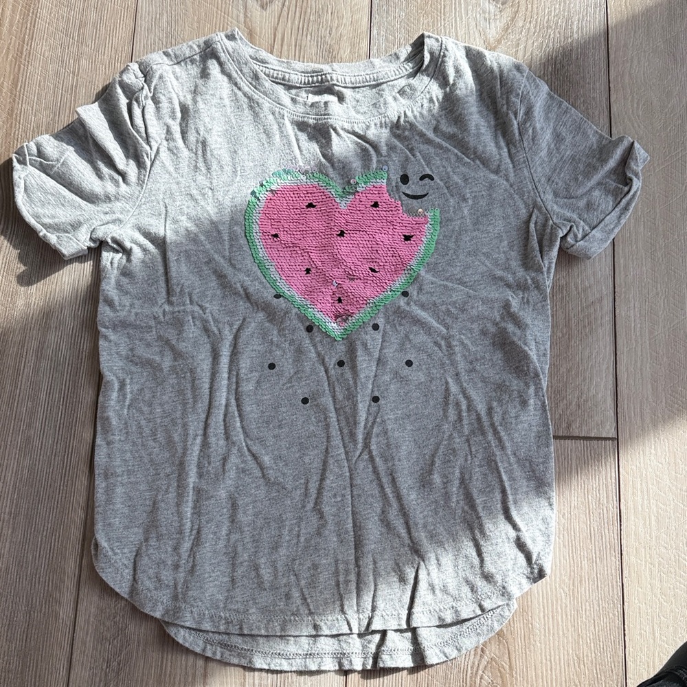 GAP Gray Tee with Pink and Green Watermelon Design